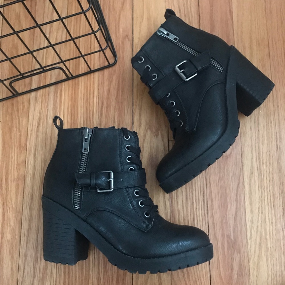 Chunky Black Heeled Combat Boots